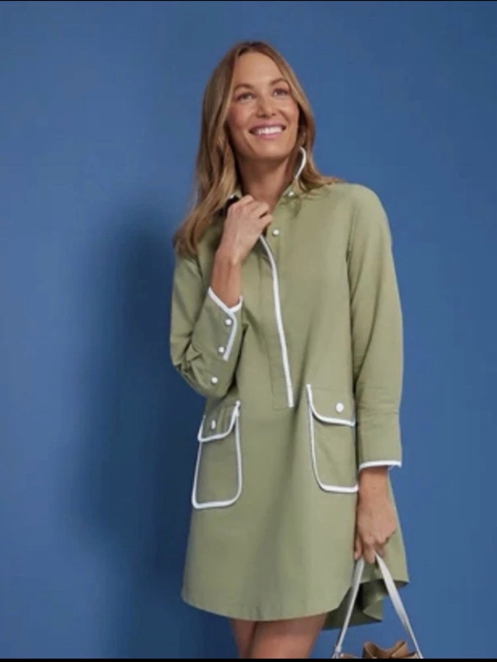 Pomander Place Moss Green Perkins Dress with White Piping XS